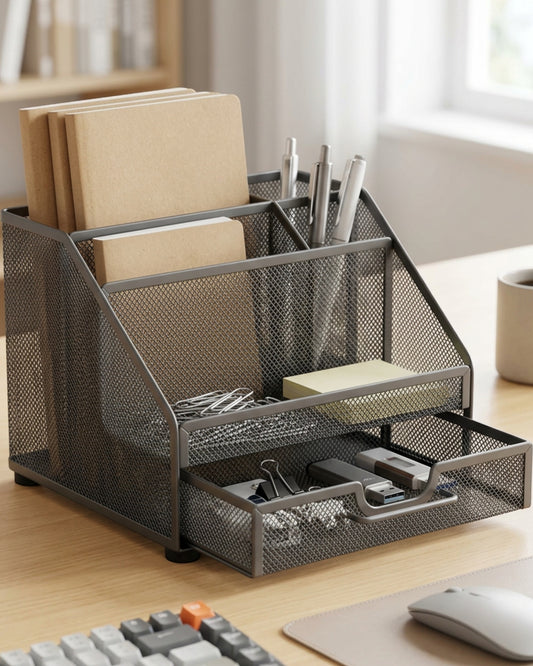 Nexawrk Steel Mesh Desktop Organizer with 5 Storage Sections Graphite - Lifestyle view