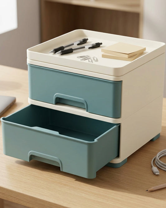 Nexawrk Stackable Desktop Storage Box with 2 Drawers and Removable Tray Ivory Teal - Lifestyle view